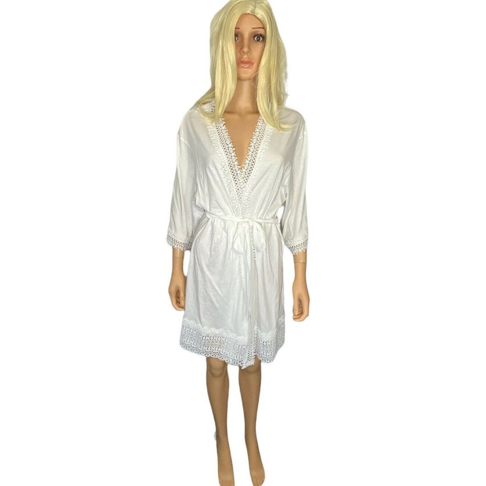 NWT Flora Nikrooz Womens Edie Cotton Lace Knit Short Wrap Robe S White MSRP $88 - Picture 12 of 12